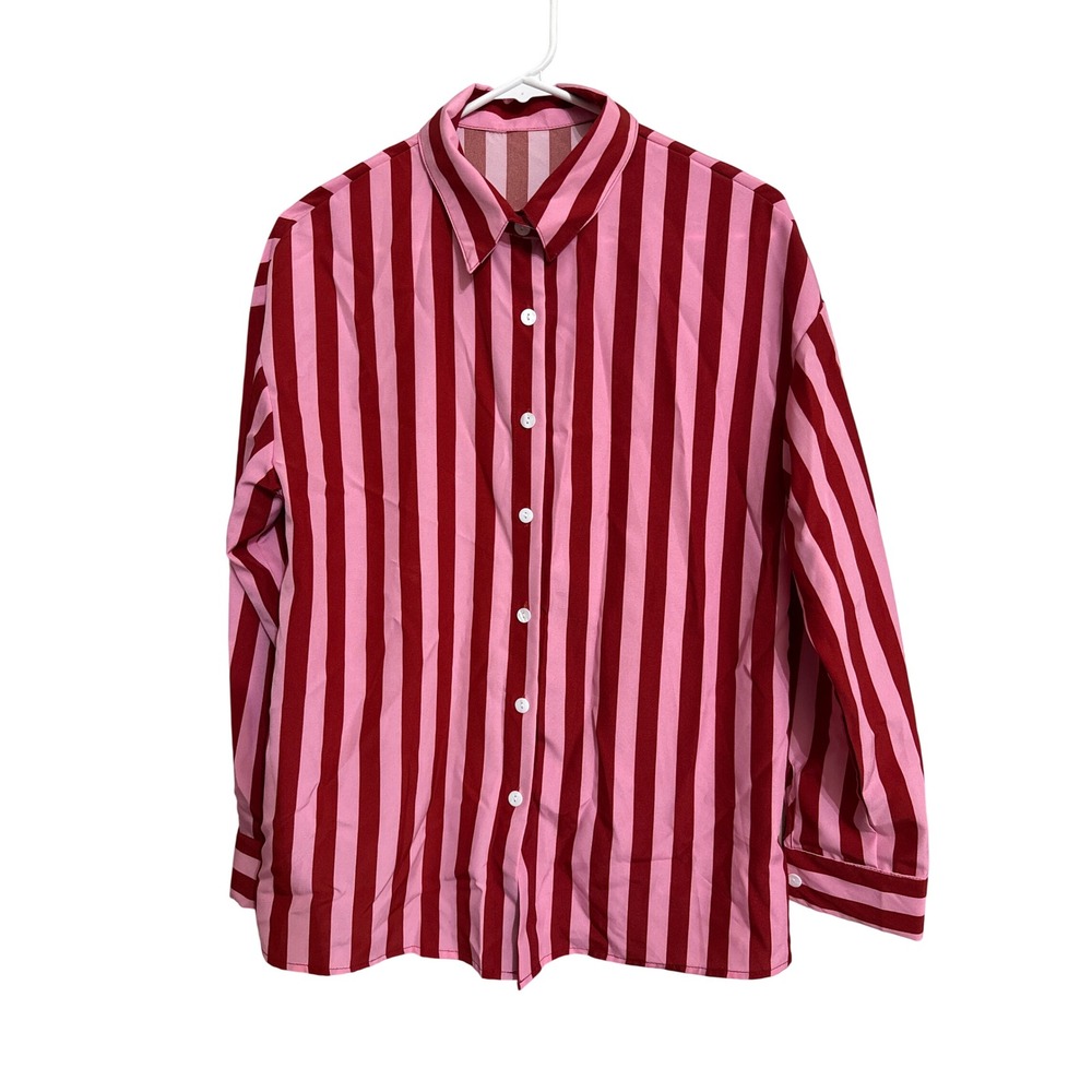 Pink and Burgundy Vertical Striped Long Sleeve Button Down Blouse Shirt S